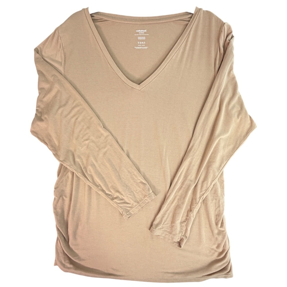 Motherhood Maternity Tan Long Sleeve V Neck Ruched Side Tunic Top XL